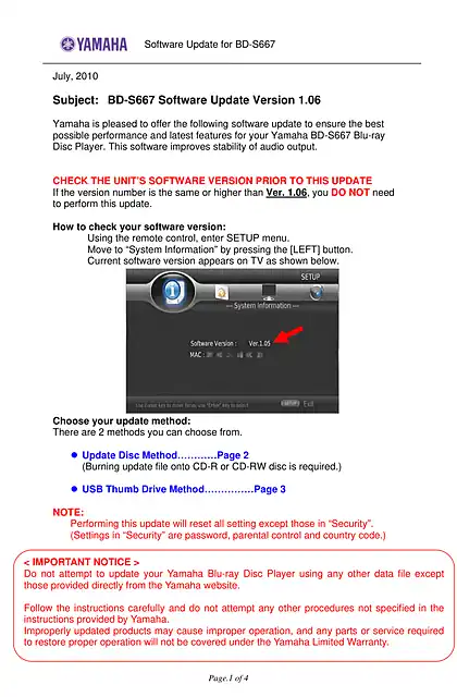 yamaha雅马哈BD-S667 Software Update Version 1.06 Installation Manual